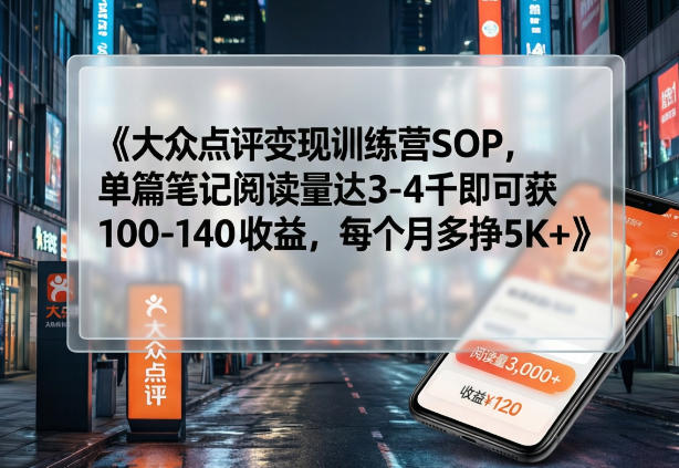 大众点评变现训练营SOP，单篇笔记阅读量达3-4千即可获100-140收益，每个月多挣5K+-星宇博客